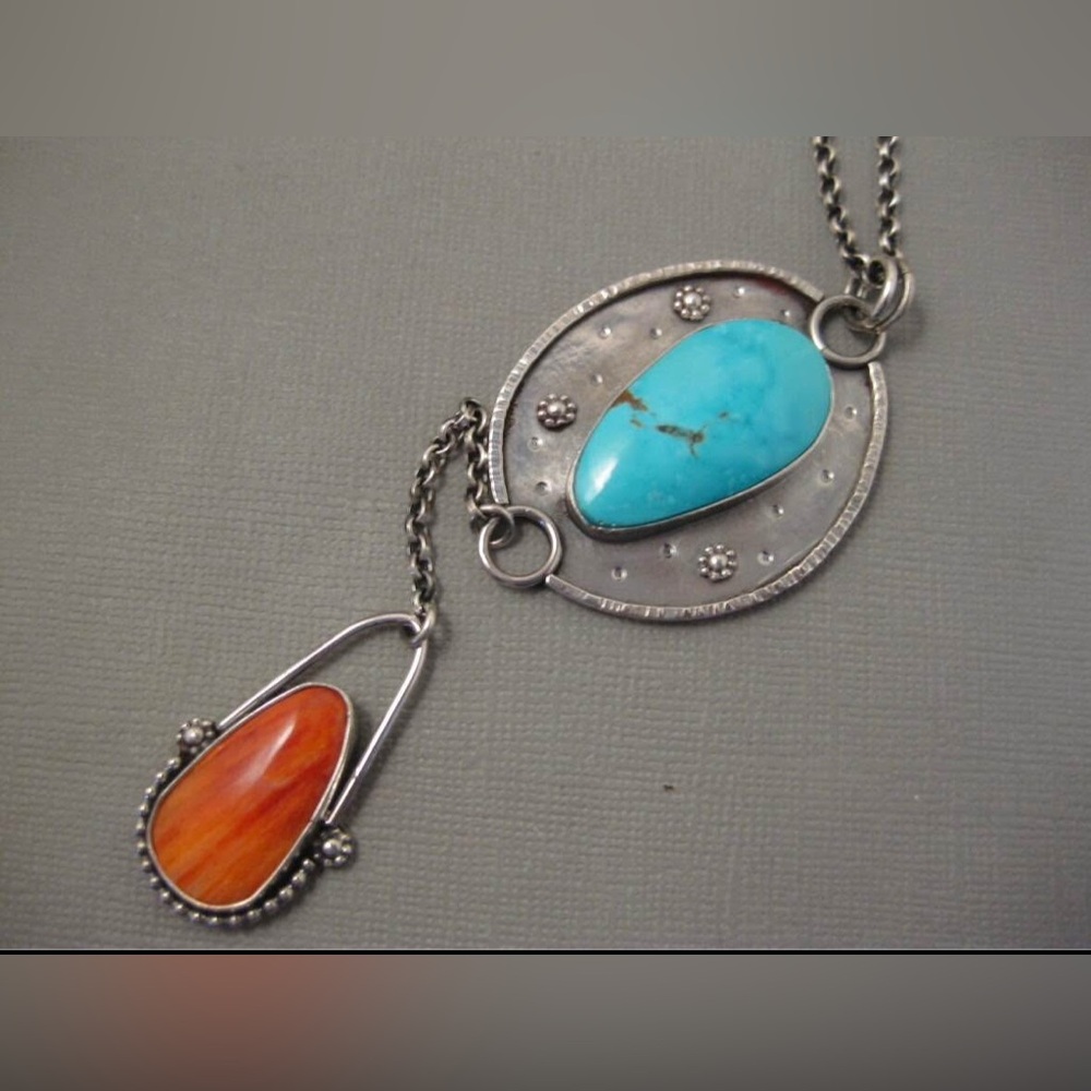 Handcrafted Turquoise and Orange Spiny
Oyster Southwestern Sterling Metalwork